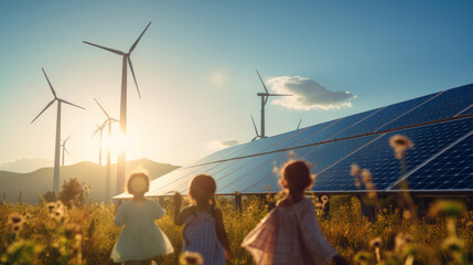 Wind turbine energy genetrators and solar panels. Clear skies and evening sun. Future generations concept.