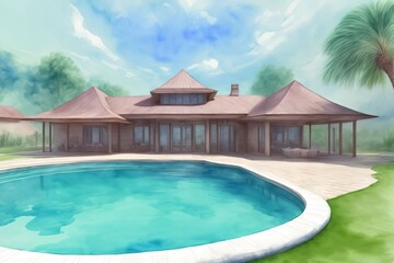 A Painting Of A House With A Pool In Front Of It