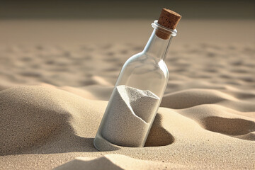 Creative travel graphic concept. Glass bottle with cork and some sand on sandy desert beach background. 3D render. Commercial editorial advertisement, copy text space