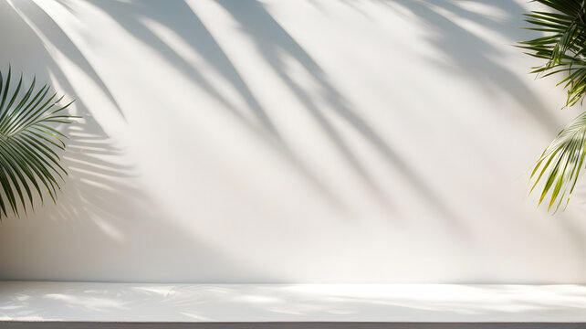 Minimal white wall background with palm tree leaves and shadows. Tropical background scene for product placement, product presentation, or product showcase.