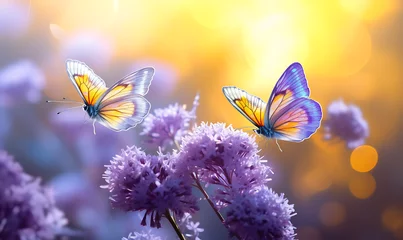 Fotobehang Two purple and yellow butterflies on a lavender flower field. Blurred Sunlight in the background © IgnacioJulian