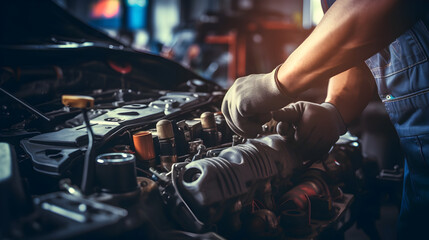 Professional mechanic working on car engine in the garage. Car repair service concept
