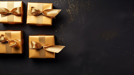 3 Golden gift boxes with gold satin ribbon on dark background. Top view of birthday gift with copy space, generative AI
