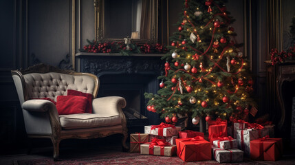 A decorated Christmas tree and wrapped gift under it in a dark sitting room, Christmas time, generative AI