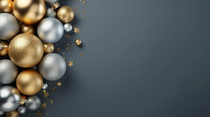 Christmas banner with golden and silver balls on blue background. Copy space. Xmas greeting card. Close up. Happy New Year, generative AI
