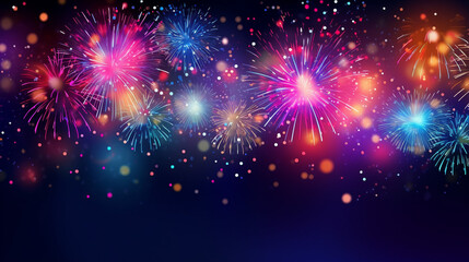 Abstract new year background with colorful fireworks and christmas lights. Festive illustration, generative AI - obrazy, fototapety, plakaty