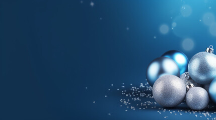 Fototapeta na wymiar Christmas banner with blue and silver balls on blue background. Copy space. Xmas greeting card. Close up. Happy New Year, generative AI