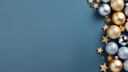 Christmas banner with golden and silver balls on blue background. Copy space. Xmas greeting card. Close up. Happy New Year, generative AI