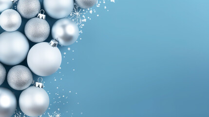 Christmas banner with white and silver balls on blue background. Copy space. Xmas greeting card. Happy New Year, generative AI
