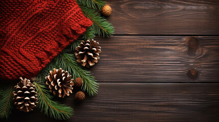 Christmas Composition. Top view of a knitted blanket with pine cones and fir branches on a dark wooden background. is presented in a flat lay style with copy space, generative AI