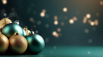 Fototapeta premium Christmas banner with green and golden balls on green background. Copy space. Xmas greeting card. Close up. Happy New Year, generative AI