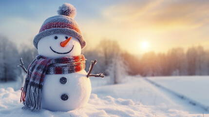 Fototapeta premium Merry christmas and happy new year greeting card background. Happy snowman in christmas landscape. generative AI