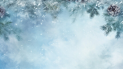 Winter background with fir branches and snowflakes, generative AI