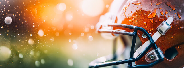 Outfit for an athlete, metal helmet for American football, close-up, copy space