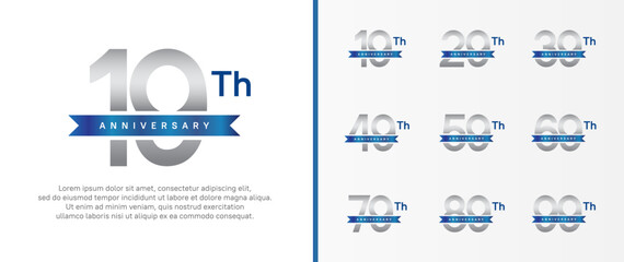 set of anniversary logo silver color number and blue ribbon on white background for celebration