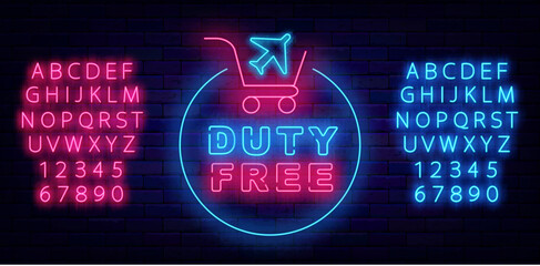Duty free neon label. Circle with shopping cart and plane. Bright blue and pink alphabet. Vector stock illustration
