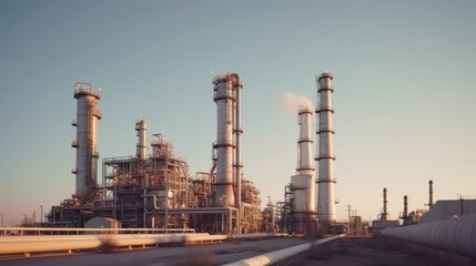 Fototapeta na wymiar Oil refinery with clear skies and evening sun. Rafinery pipelines and chimneys against clear sky.