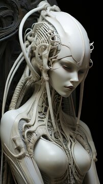 Beautiful white alien female robot, UFO. Generative AI