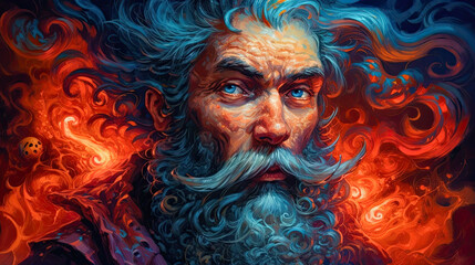 Digital art of a middle-aged man with a beard in ancient Greek attire, contemplating with fire representing burning thoughts - obrazy, fototapety, plakaty