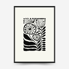 Abstract dark floral posters template. Modern trendy Matisse minimal style. Black and white colors. Hand drawn design for wallpaper, wall decor, print, postcard, cover, template, banner.