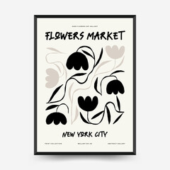 Abstract dark floral posters template. Modern trendy Matisse minimal style. Black and white colors. Hand drawn design for wallpaper, wall decor, print, postcard, cover, template, banner.