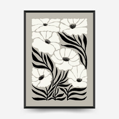 Abstract dark floral posters template. Modern trendy Matisse minimal style. Black and white colors. Hand drawn design for wallpaper, wall decor, print, postcard, cover, template, banner.