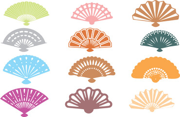 Hand fan set. Cooling and refreshing lady accessory, folding. Fashion element for wedding, party or event.Vector flat style illustration. eps 10.