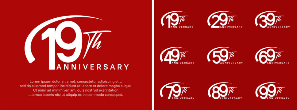 set of anniversary logo white color number and swoosh on red background for celebration