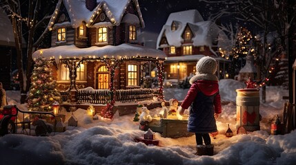 A delightful scene capturing the model, in a snowy setting, joyfully building a snowman, with a backdrop of twinkling house lights and children sledding in the distance.