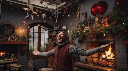 Fototapeta premium The model laughing heartily, holding a mischievous mistletoe over their head, with a backdrop of a festive living room adorned with garlands, ornaments, and a roaring fireplace