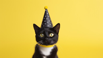 Cute cat with birthday hat on yellow background, birthday card, generative AI
