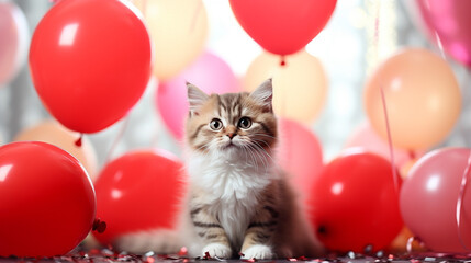 Fototapeta na wymiar Cute cat with birthday balloons on background, copy space, generative AI
