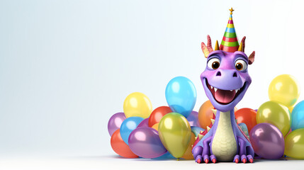 Obraz na płótnie Canvas Cute dragon with birthday hat and with birthday balloons on white background, copy space, generative AI