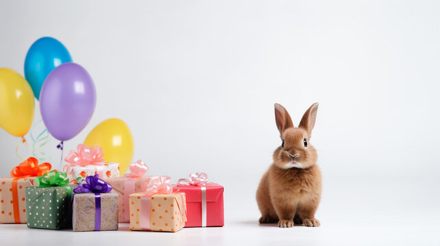 Cute bunny with birthday hat and with birthday balloons, gift boxes on white background, copy space, generative AI 