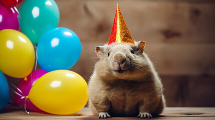 Fototapeta na wymiar Cute wombat with birthday hat and with birthday balloons on background, copy space, generative AI