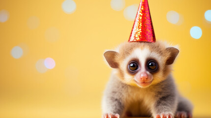 Fototapeta na wymiar cute slow loris with birthday hat and with birthday balloons, gift boxes on background, copy space, generative AI