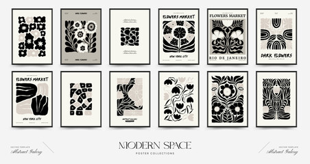 Abstract dark floral posters template. Modern trendy Matisse minimal style. Black and white colors. Hand drawn design for wallpaper, wall decor, print, postcard, cover, template, banner. © KozyPlace