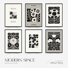 Abstract dark floral posters template. Modern trendy Matisse minimal style. Black and white colors. Hand drawn design for wallpaper, wall decor, print, postcard, cover, template, banner.