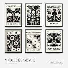 Abstract dark floral posters template. Modern trendy Matisse minimal style. Black and white colors. Hand drawn design for wallpaper, wall decor, print, postcard, cover, template, banner.