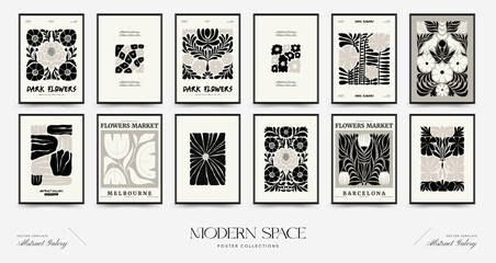 Abstract dark floral posters template. Modern trendy Matisse minimal style. Black and white colors. Hand drawn design for wallpaper, wall decor, print, postcard, cover, template, banner.