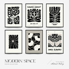 Abstract dark floral posters template. Modern trendy Matisse minimal style. Black and white colors. Hand drawn design for wallpaper, wall decor, print, postcard, cover, template, banner.