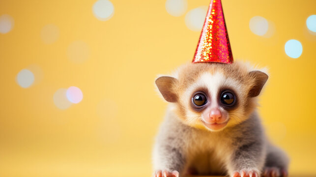 cute slow loris with birthday hat and with birthday balloons, gift boxes on background, copy space, generative AI