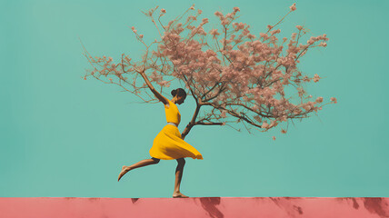 A surreal woman with a yellow dress dancing while holding a tree with pink flowers under the blue sky
