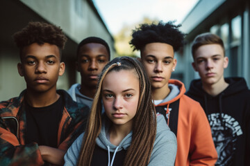 Group of five teenagers, one girl and four boys, in a serious attitude in high school