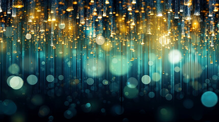 Abstract blue background with bokeh, sparkles and golden lights.