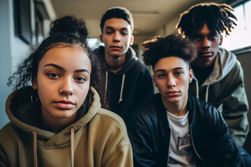 Group of four teenagers, one girl and three boys, in a serious attitude in high school - obrazy, fototapety, plakaty