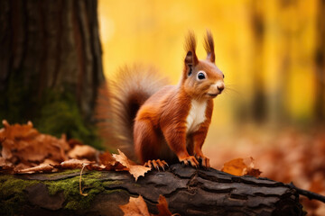 Naklejka na ściany i meble Red Squirrel in the autumn forest