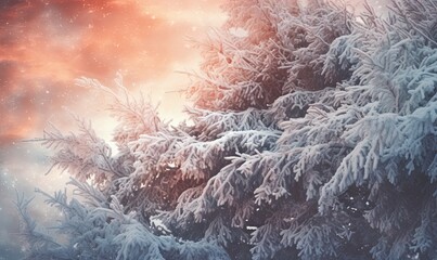 Art of winter morning nature background with snow-covered Christmas tree branches made with Generative AI