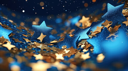 Abstract shiny background with blue and golden glitter. Scattered confetti sparkles with shiny gold...