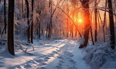 Beautiful winter landscape with winter trees and sun. Colorful branches in the forest in the snow. natural background made with Generative AI
